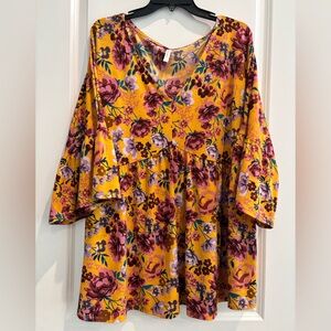 Dear Scarlett 2X Mustard Floral Babydoll Boho Flowy Bell Sleeve Top